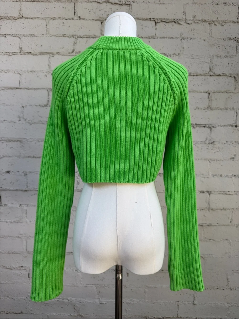 Zara Cropped Ribbed Crewneck Sweater Lime Green Size XS